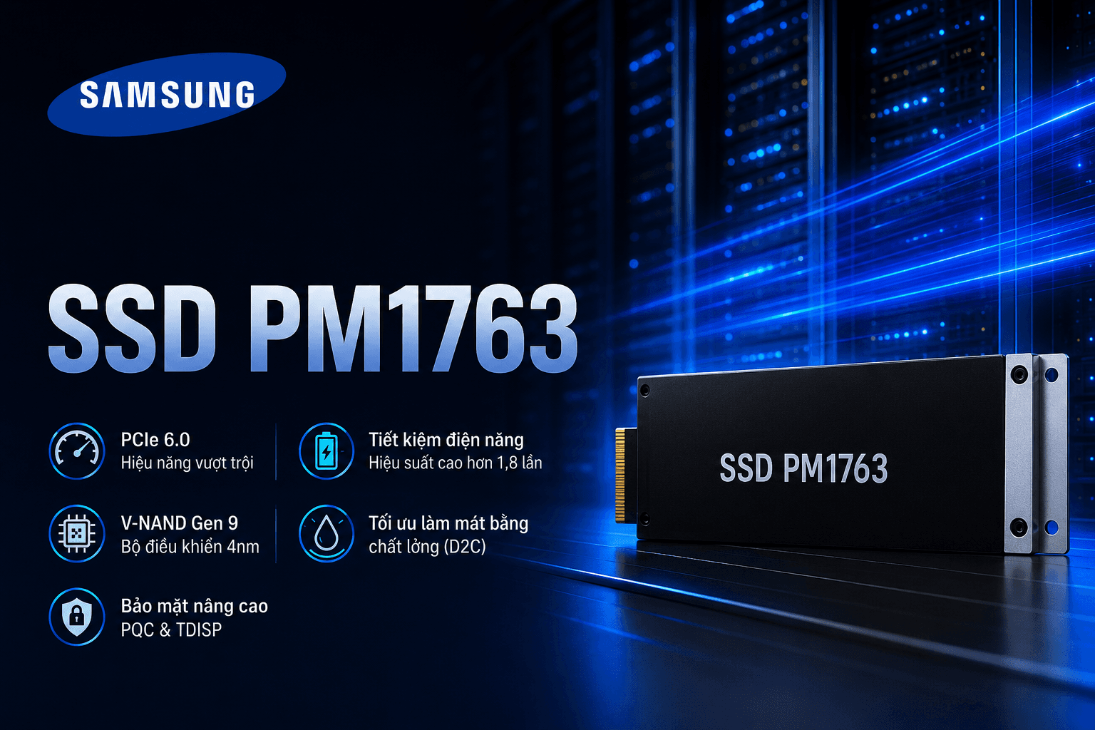 Samsung bắt đầu sản xuất hàng loạt SSD PM1763 PCIe 6.0, tăng tốc hạ tầng AI và HPC thế hệ mới